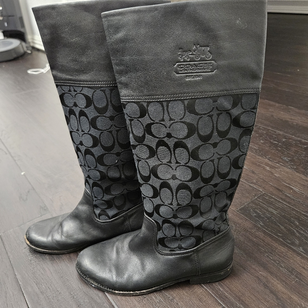 Coach Chrissi Signature black leather and fabric riding boots size 7.5 B - Picture 3 of 11